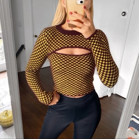Zara Checkered Burgundy Red Neon Yellow Cut Out Cropped Knit Top - Picture 1 of 5